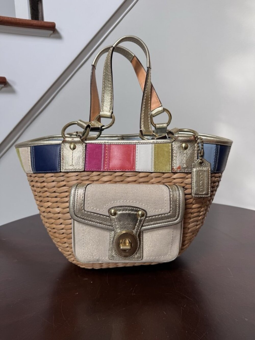 Coach 10749 Lily 65th Anniversary Large Straw W/Gold Leather Trim Tote Bag